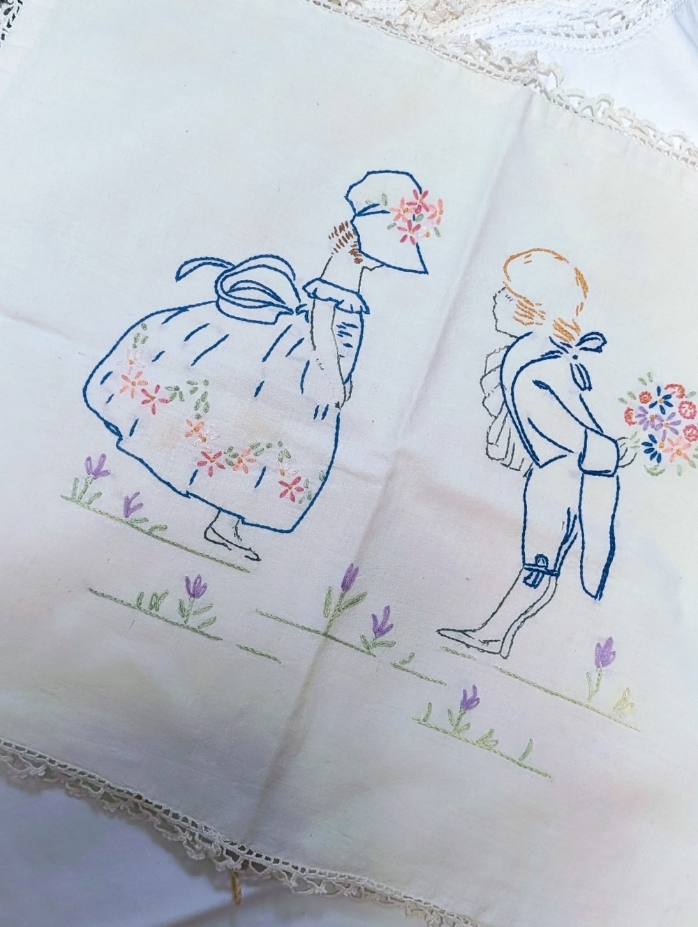 Vintage textile piece, Boy & Girl sweet scene, pillow cover